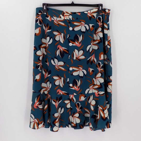 Modcloth Floral Print Skirt Size 2X Button Front Flowy Teal - Picture 1 of 5